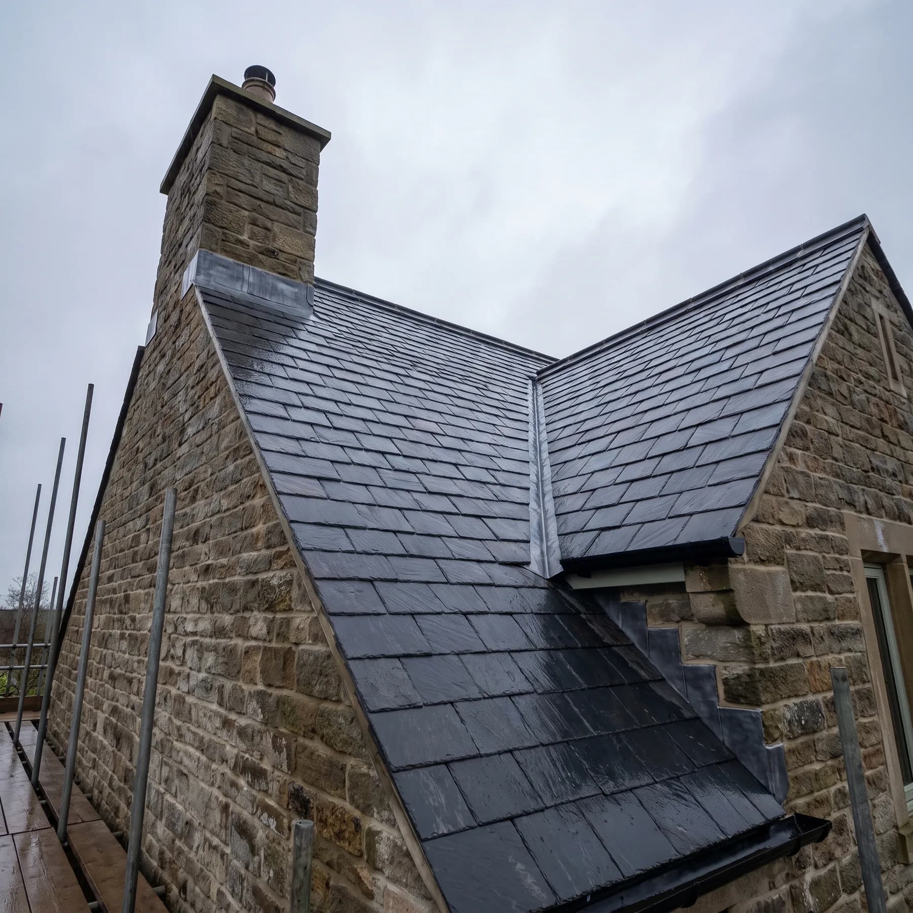 A finished slate roof with lead flashing and a stone chimney