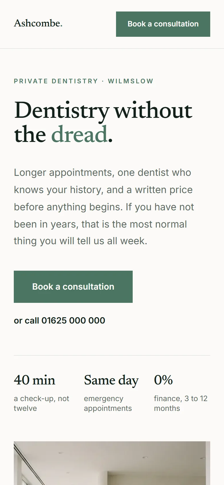 Screenshot of the same Ashcombe Dental demonstration website on a phone.