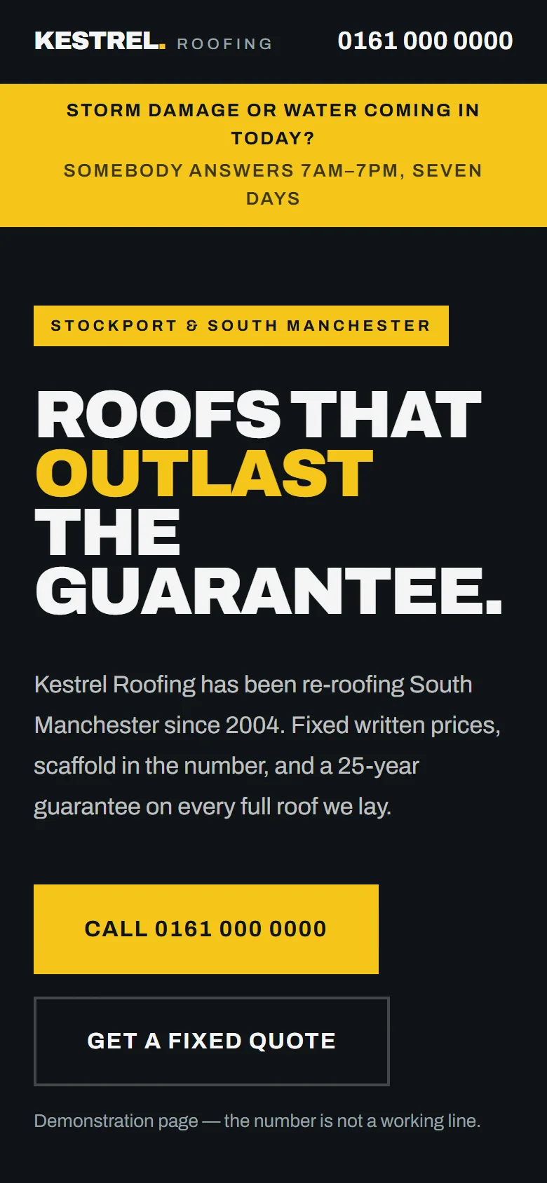 Screenshot of the same Kestrel Roofing demonstration website on a phone.