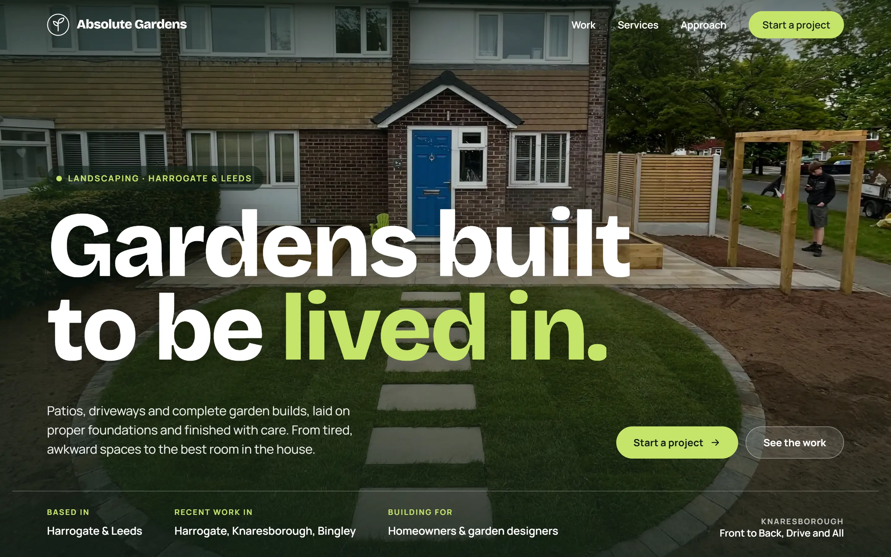 Absolute Gardens website, home page on a desktop screen