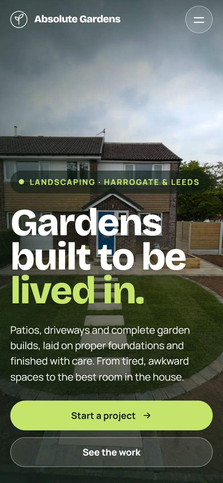 Absolute Gardens website on a phone