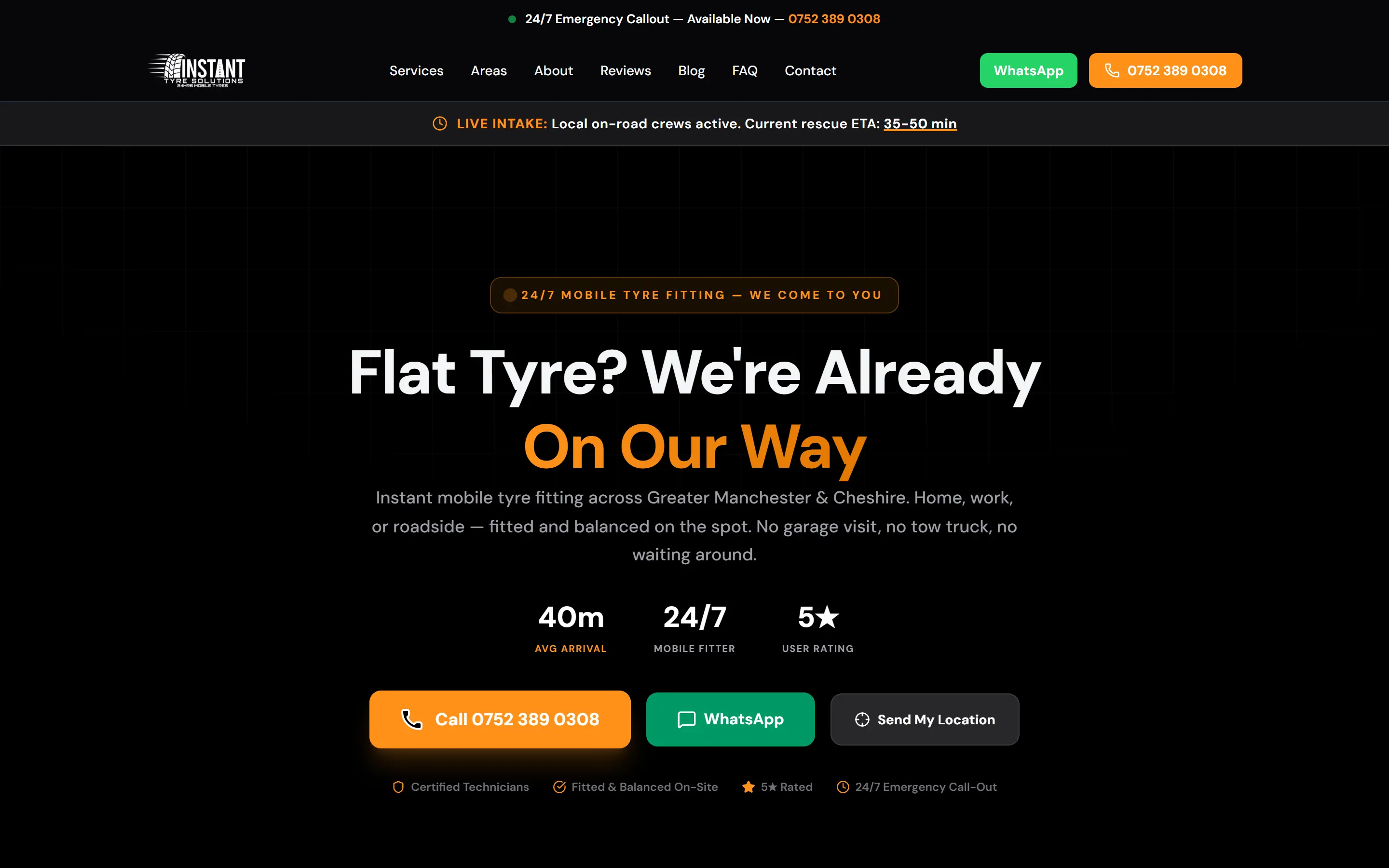 Instant Tyre Solutions website, home page on a desktop screen