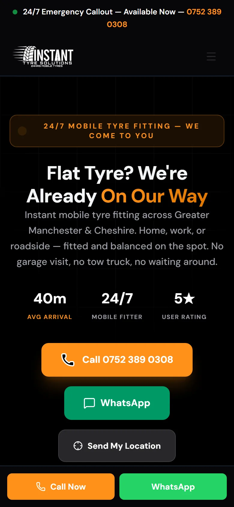 Instant Tyre Solutions website on a phone