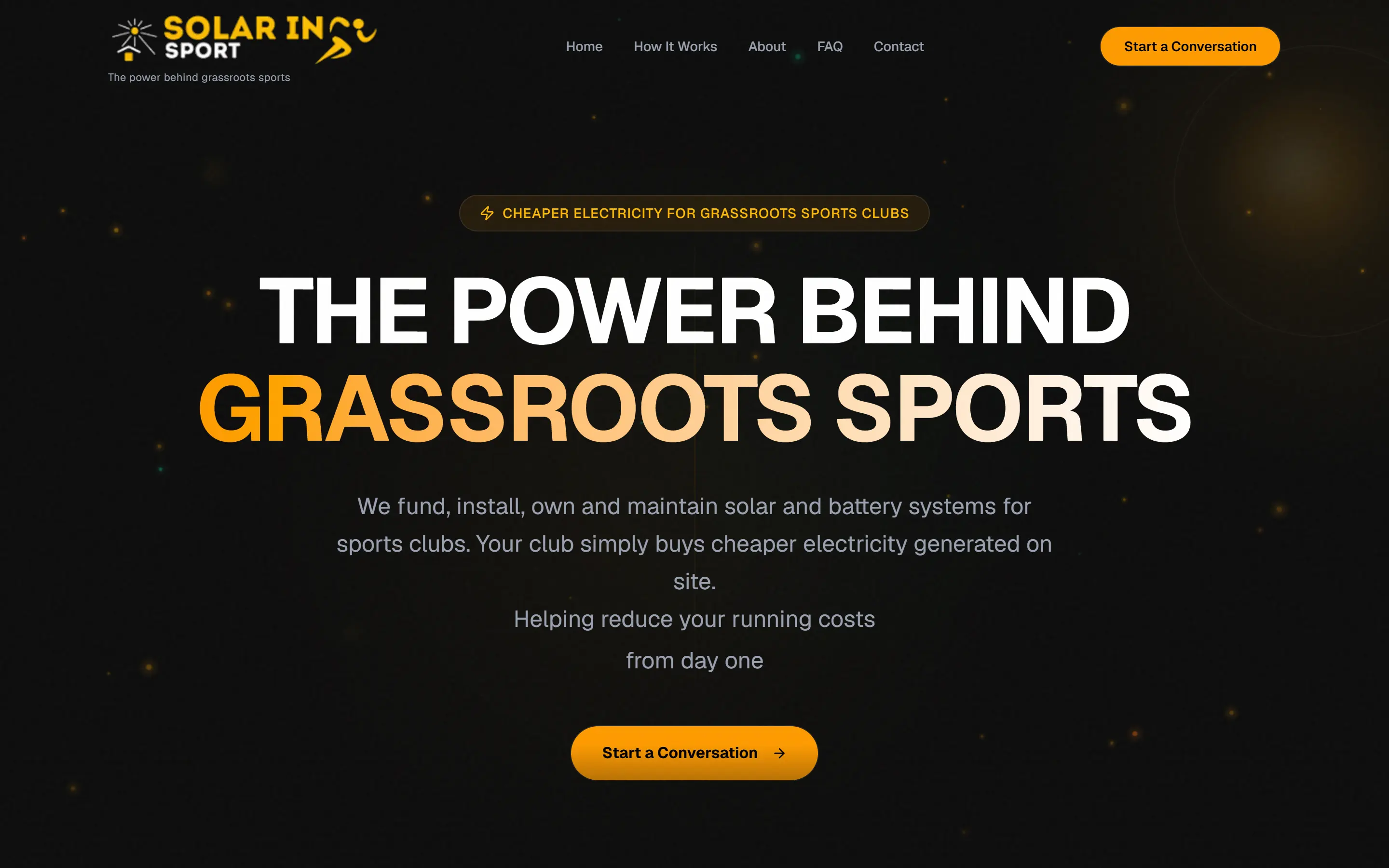 Solar in Sport website, home page on a desktop screen